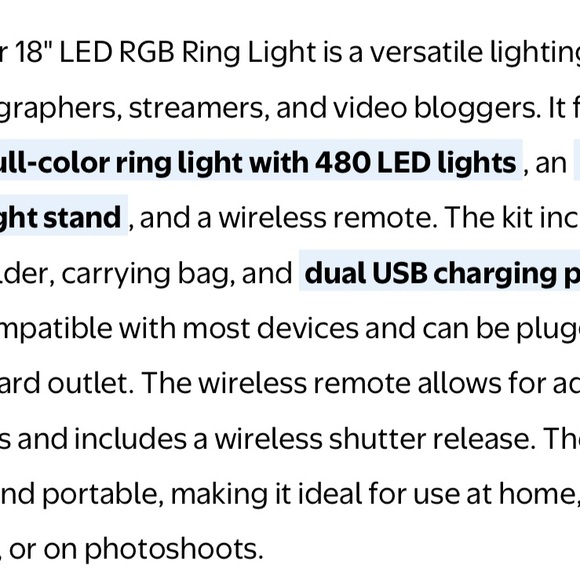 Vivitar 18" LED RGB Ring Light Tripod Holder USB Charging Ports Wireless… - Picture 6 of 6